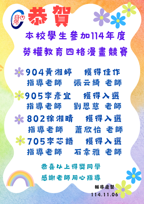 賀！本校參加「114年度勞權教育四格漫畫競賽」，榮獲佳績圖片