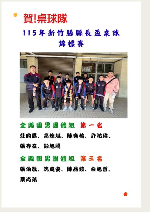 賀!本校桌球隊參加115年縣長盃桌球錦標賽,成績優異!圖片